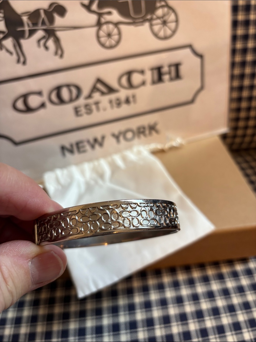Coach Silver Tone Filigree Logo Bangle Bracelet - Picture 4 of 7
